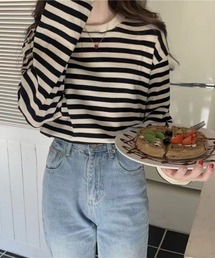 FRP（エフアールピー）の「クルーネックボーダー柄ニットトップス Tシャツ/カットソー ロン T（ニット/セーター）」