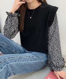 小花柄ドッキングショルーフリルリブトップス