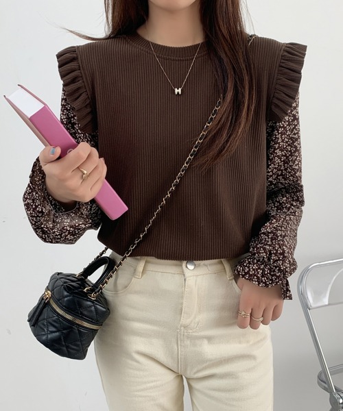 Diosfront(ディオスフロント)の「小花柄ドッキングショルーフリルリブトップス(Tシャツ/カットソー・レディース・アイボリー/ブラック/モカ/ベージュ・FREE)」の15枚目の写真