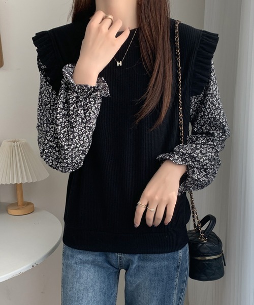Diosfront(ディオスフロント)の「小花柄ドッキングショルーフリルリブトップス(Tシャツ/カットソー・レディース・アイボリー/ブラック/モカ/ベージュ・FREE)」の5枚目の写真