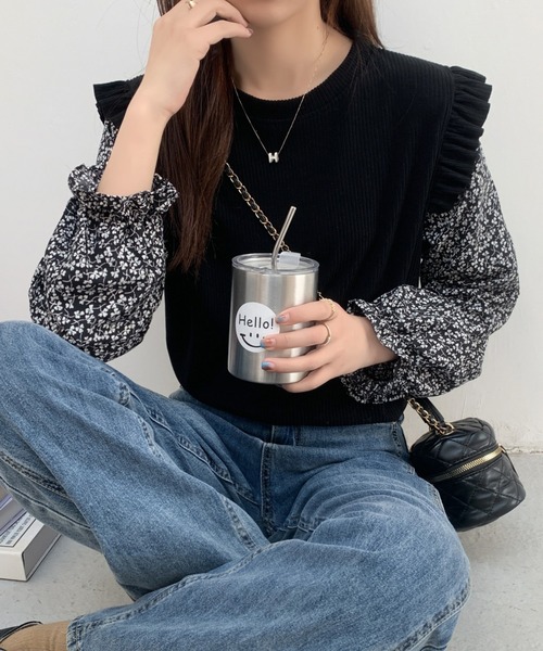 Diosfront(ディオスフロント)の「小花柄ドッキングショルーフリルリブトップス(Tシャツ/カットソー・レディース・アイボリー/ブラック/モカ/ベージュ・FREE)」の7枚目の写真