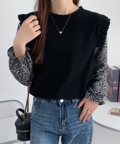 Diosfront(ディオスフロント)の「小花柄ドッキングショルーフリルリブトップス(Tシャツ/カットソー・レディース・アイボリー/ブラック/モカ/ベージュ・FREE)」の9枚目の写真