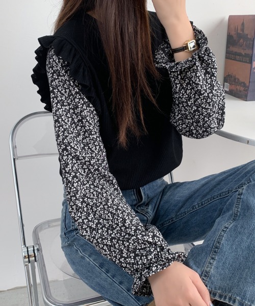 Diosfront(ディオスフロント)の「小花柄ドッキングショルーフリルリブトップス(Tシャツ/カットソー・レディース・アイボリー/ブラック/モカ/ベージュ・FREE)」の10枚目の写真