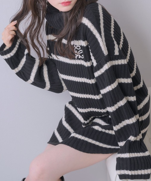 ems excite(エムズエキサイト)の「胸刺繍BIGボーダーNTPO(ニット/セーター・レディース・ブラック/ブラウン/オフホワイト・FREE)」の3枚目の写真