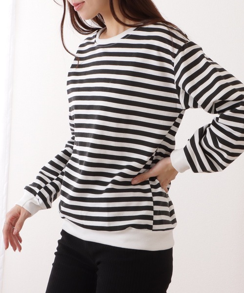 Lace Ladies(レースレディース)の「オーバー サイズ クルーネック ボーダー トレーナー(Tシャツ/カットソー・レディース・ブルー/ブラック・XL/M)」の7枚目の写真
