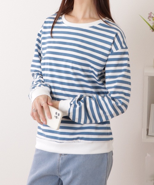 Lace Ladies(レースレディース)の「オーバー サイズ クルーネック ボーダー トレーナー(Tシャツ/カットソー・レディース・ブルー/ブラック・XL/M)」の8枚目の写真