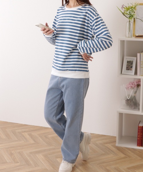 セール】オーバー サイズ クルーネック ボーダー トレーナー（Tシャツ