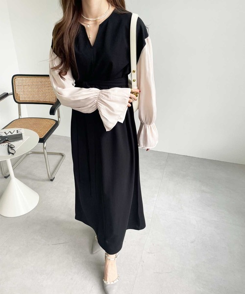 GeeRA（ジーラ）の「袖ドッキングキャンディースリーブキーネックワンピース（ワンピース・レディース・ブラック/モカ/ベージュ・LARGE/SMALL/MEDIUM/X-LARGE）」の8枚目の写真