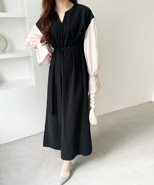 GeeRA（ジーラ）の「袖ドッキングキャンディースリーブキーネックワンピース（ワンピース・レディース・ブラック/モカ/ベージュ・LARGE/SMALL/MEDIUM/X-LARGE）」の4枚目の写真