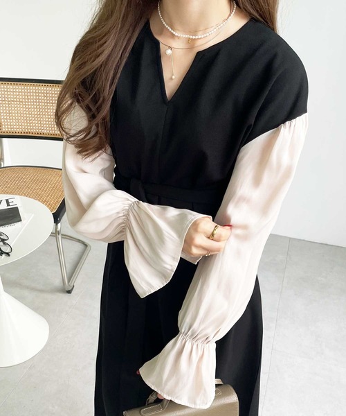 GeeRA（ジーラ）の「袖ドッキングキャンディースリーブキーネックワンピース（ワンピース・レディース・ブラック/モカ/ベージュ・LARGE/SMALL/MEDIUM/X-LARGE）」の9枚目の写真