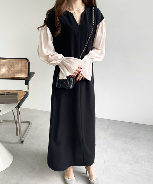 GeeRA（ジーラ）の「袖ドッキングキャンディースリーブキーネックワンピース（ワンピース・レディース・ブラック/モカ/ベージュ・LARGE/SMALL/MEDIUM/X-LARGE）」の5枚目の写真