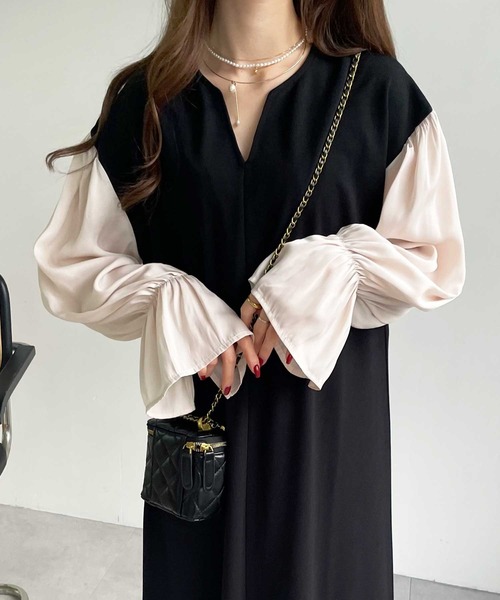 GeeRA（ジーラ）の「袖ドッキングキャンディースリーブキーネックワンピース（ワンピース・レディース・ブラック/モカ/ベージュ・LARGE/SMALL/MEDIUM/X-LARGE）」の7枚目の写真