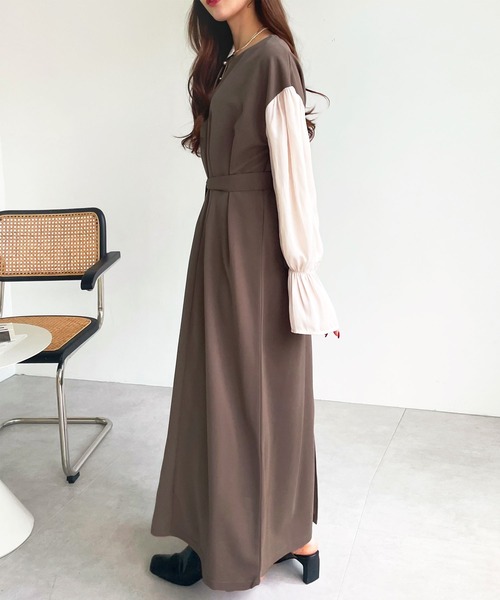 GeeRA（ジーラ）の「袖ドッキングキャンディースリーブキーネックワンピース（ワンピース・レディース・ブラック/モカ/ベージュ・LARGE/SMALL/MEDIUM/X-LARGE）」の14枚目の写真