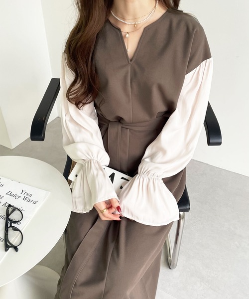 GeeRA（ジーラ）の「袖ドッキングキャンディースリーブキーネックワンピース（ワンピース・レディース・ブラック/モカ/ベージュ・LARGE/SMALL/MEDIUM/X-LARGE）」の11枚目の写真