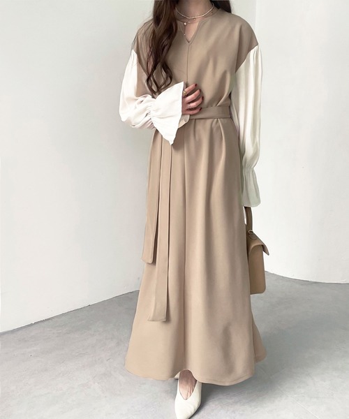 GeeRA（ジーラ）の「袖ドッキングキャンディースリーブキーネックワンピース（ワンピース・レディース・ブラック/モカ/ベージュ・LARGE/SMALL/MEDIUM/X-LARGE）」の21枚目の写真