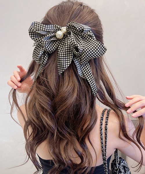 Miniministore(ミニミニストア)の「千鳥格子柄リボンバレッタ ヘアクリップ(バレッタ/ヘアクリップ・レディース・ハウンドトゥース/アイボリー/ブラック/レオパード・FREE)」の7枚目の写真