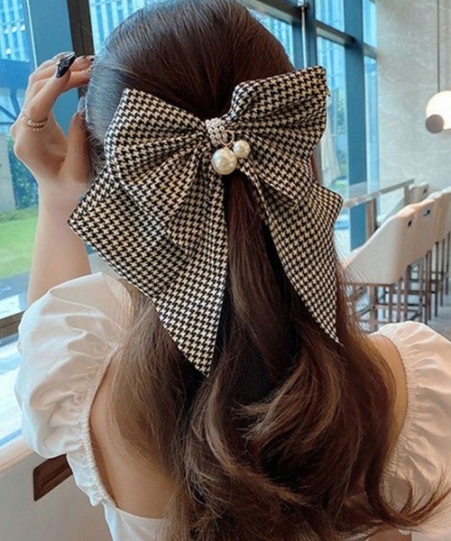 Miniministore(ミニミニストア)の「千鳥格子柄リボンバレッタ ヘアクリップ(バレッタ/ヘアクリップ・レディース・ハウンドトゥース/アイボリー/ブラック/レオパード・FREE)」の9枚目の写真