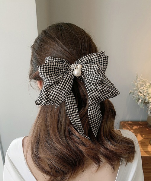 Miniministore(ミニミニストア)の「千鳥格子柄リボンバレッタ ヘアクリップ(バレッタ/ヘアクリップ・レディース・ハウンドトゥース/アイボリー/ブラック/レオパード・FREE)」の10枚目の写真