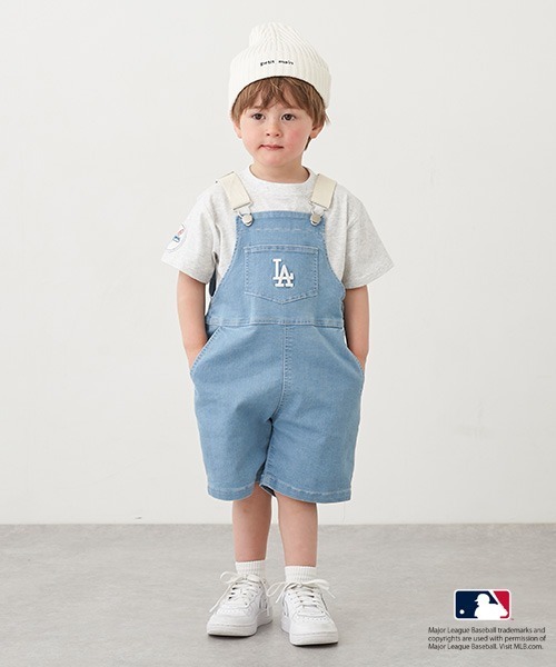 petit main(プティマイン)の「【MLB】ショートサロペット(サロペット/オーバーオール・キッズ・サックスブルー/ネイビー/オフホワイト・S/M/L)」の3枚目の写真