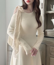 Meiru | ショルダーリボンアシメニットフレアワンピース[高身長サイズMT/低身長サイズS有り](ワンピース)