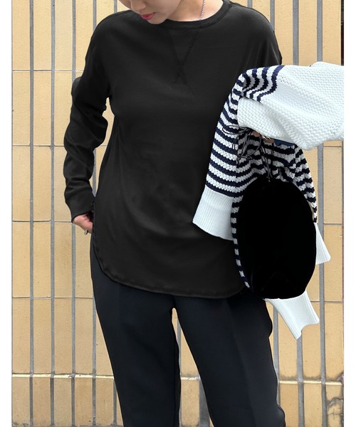 ブラック 長袖カットソー セール】クルーネック長袖カットソー-手洗い可-（Tシャツ/カットソー