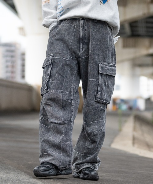 パッチワークダメージデニムロールアップワイドカーゴパンツ