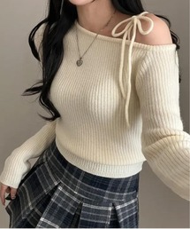 ワンショルダー リボン リブニット
