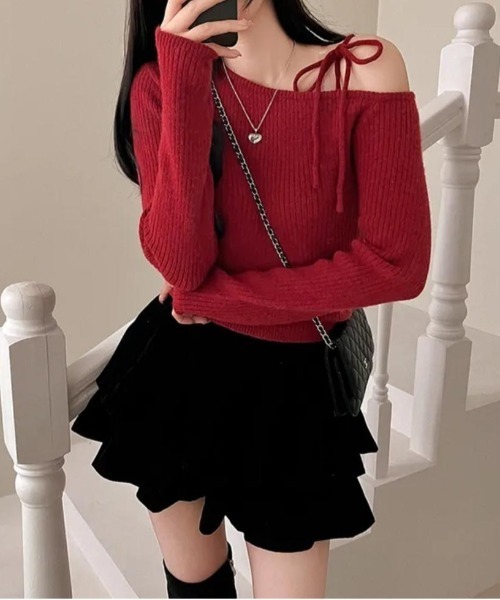Teem Store(チームストア)の「ワンショルダー リボン リブニット(ニット/セーター・レディース・アイボリー/ブラック/レッド・F)」の9枚目の写真