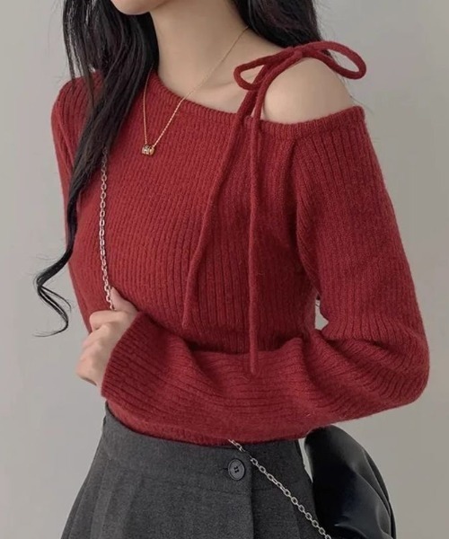 Teem Store(チームストア)の「ワンショルダー リボン リブニット(ニット/セーター・レディース・アイボリー/ブラック/レッド・F)」の22枚目の写真