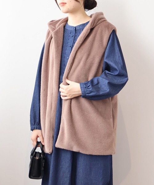 【セール】【L～5L 大きいサイズ】エコファーフードロングベスト（ベスト）｜MB mint breeze（エムビーミントブリーズ）