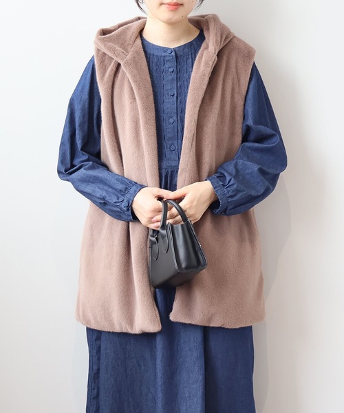 【セール】【L～5L 大きいサイズ】エコファーフードロングベスト（ベスト）｜MB mint breeze（エムビーミントブリーズ）