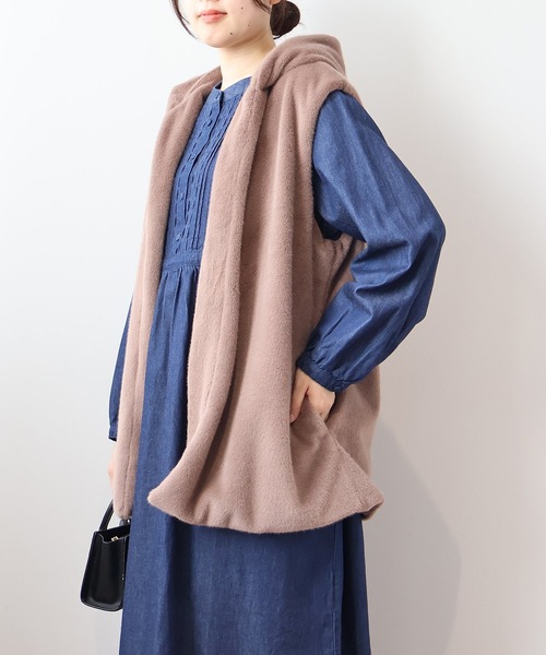 【セール】【L～5L 大きいサイズ】エコファーフードロングベスト（ベスト）｜MB mint breeze（エムビーミントブリーズ）