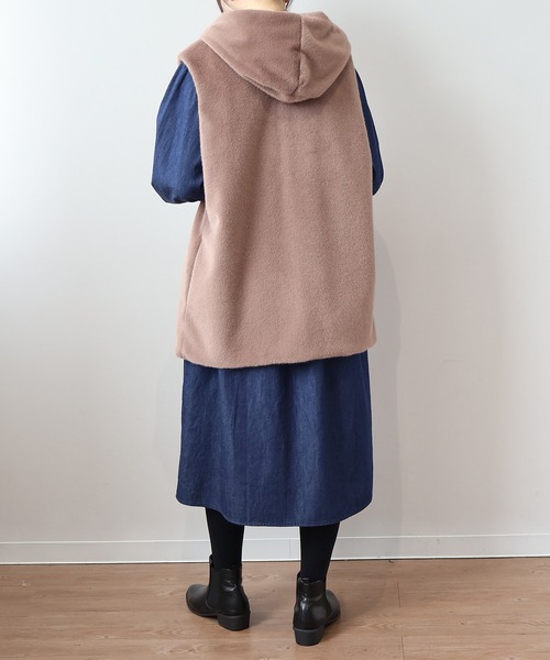 【セール】【L～5L 大きいサイズ】エコファーフードロングベスト（ベスト）｜MB mint breeze（エムビーミントブリーズ）