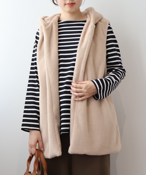 【セール】【L～5L 大きいサイズ】エコファーフードロングベスト（ベスト）｜MB mint breeze（エムビーミントブリーズ）