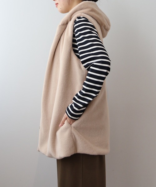 【セール】【L～5L 大きいサイズ】エコファーフードロングベスト（ベスト）｜MB mint breeze（エムビーミントブリーズ）