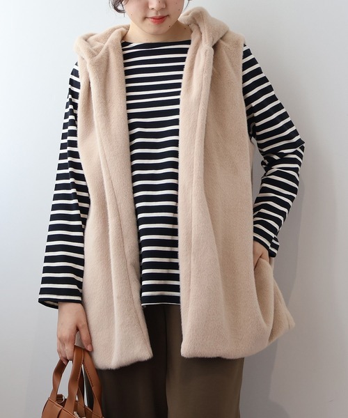 【セール】【L～5L 大きいサイズ】エコファーフードロングベスト（ベスト）｜MB mint breeze（エムビーミントブリーズ）