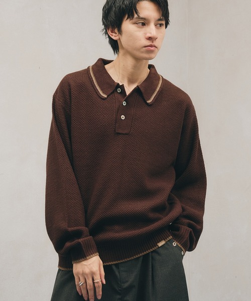 セール】COLLAR LINE KNIT POLO SHIRT / ピスネームニットポロシャツ
