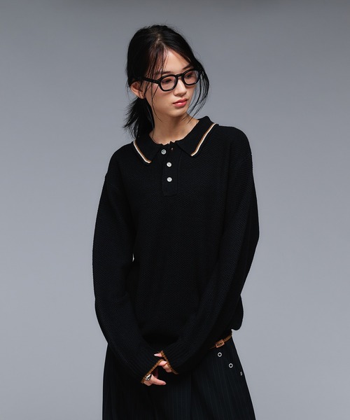 トップス KNIT POLO SHIRT COLLAR LINE KNIT POLO SHIRT / ピスネームニットポロシャツ