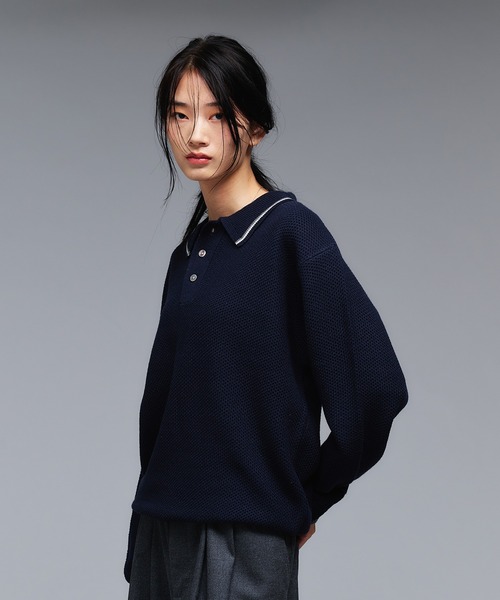 美品【BATONER】22ssコットンニット ポロシャツ 襟ライン ブラック COLLAR LINE KNIT POLO SHIRT / ピスネームニットポロシャツ