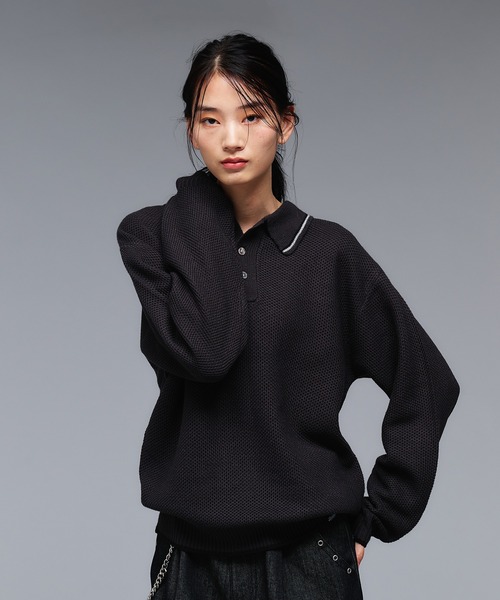 美品【BATONER】22ssコットンニット ポロシャツ 襟ライン ブラック COLLAR LINE KNIT POLO SHIRT / ピスネームニットポロシャツ 【新色