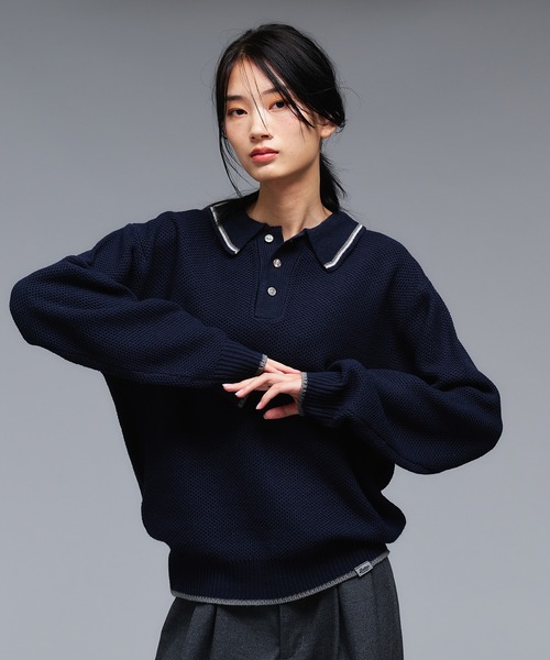 トップス REGULAR FIT POLO COLLAR SHIRT COLLAR LINE KNIT POLO SHIRT / ピスネームニットポロシャツ