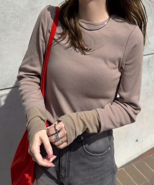 KOBE LETTUCE（コウベレタス）の「テレコリブロングスリーブトップス（Tシャツ/カットソー・レディース・ブラウン/ボルドー/アイボリー系/ブラック/グレイッシュベージュ/アイボリー/ワイン系/ネイビー/ブラウン系/ブラック系/ベージュ系/アイボリー系1/ネイビー系・M/L/XL/M1）」の7枚目の写真