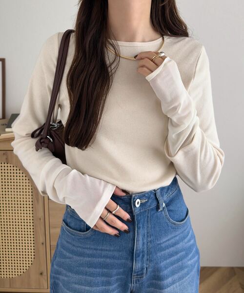 KOBE LETTUCE（コウベレタス）の「テレコリブロングスリーブトップス（Tシャツ/カットソー・レディース・ブラウン/ボルドー/アイボリー系/ブラック/グレイッシュベージュ/アイボリー/ワイン系/ネイビー/ブラウン系/ブラック系/ベージュ系/アイボリー系1/ネイビー系・M/L/XL/M1）」の9枚目の写真