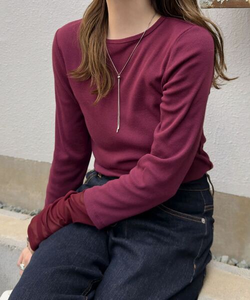 KOBE LETTUCE（コウベレタス）の「テレコリブロングスリーブトップス（Tシャツ/カットソー・レディース・ブラウン/ボルドー/アイボリー系/ブラック/グレイッシュベージュ/アイボリー/ワイン系/ネイビー/ブラウン系/ブラック系/ベージュ系/アイボリー系1/ネイビー系・M/L/XL/M1）」の13枚目の写真