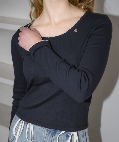 idem（イデム）の「nami nami long sleeve tops／配色レースカットソー（Tシャツ/カットソー・レディース・オフホワイト/ネイビー/グレー・FREE）」の4枚目の写真