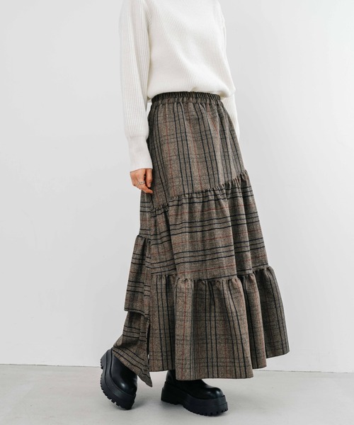 【セール】【refinedworks】起毛のグレンチェックのティアードスカート！（スカート）｜refinedworks（リファインドワークス）