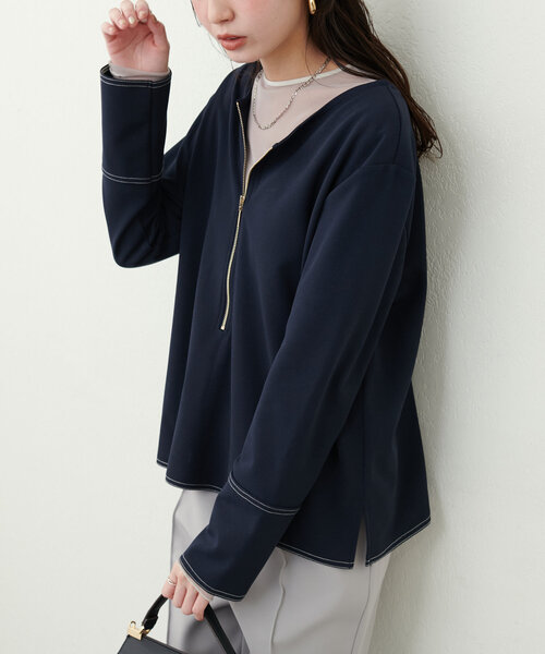 natural couture(ナチュラルクチュール)の「【mamamo】配色ステッチ2WAYトップス(Tシャツ/カットソー・レディース・ネイビー/ピンク/ブラウン/アイボリー・FREE)」の2枚目の写真
