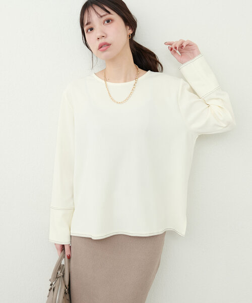 natural couture(ナチュラルクチュール)の「【mamamo】配色ステッチ2WAYトップス(Tシャツ/カットソー・レディース・ネイビー/ピンク/ブラウン/アイボリー・FREE)」の1枚目の写真