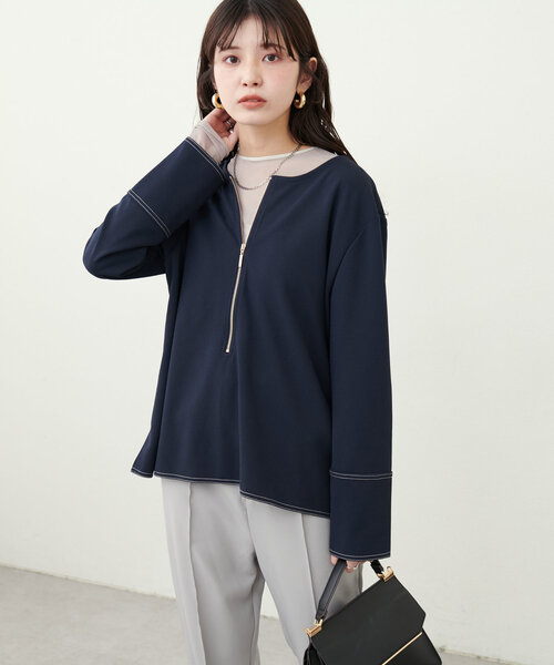 natural couture(ナチュラルクチュール)の「【mamamo】配色ステッチ2WAYトップス(Tシャツ/カットソー・レディース・ネイビー/ピンク/ブラウン/アイボリー・FREE)」の17枚目の写真