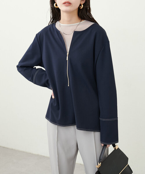 natural couture(ナチュラルクチュール)の「【mamamo】配色ステッチ2WAYトップス(Tシャツ/カットソー・レディース・ネイビー/ピンク/ブラウン/アイボリー・FREE)」の18枚目の写真